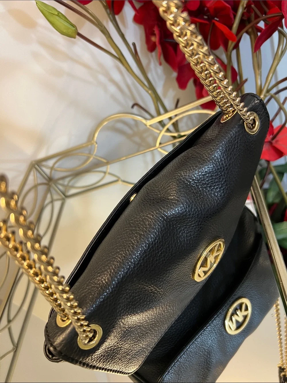 Michael Kors Fulton Flap Black Pebbled Leather Shoulder Bag with Gold Chain